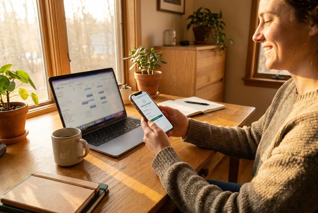 A small-business owner checking an appointment booking confirmation on a phone in warm office light.
