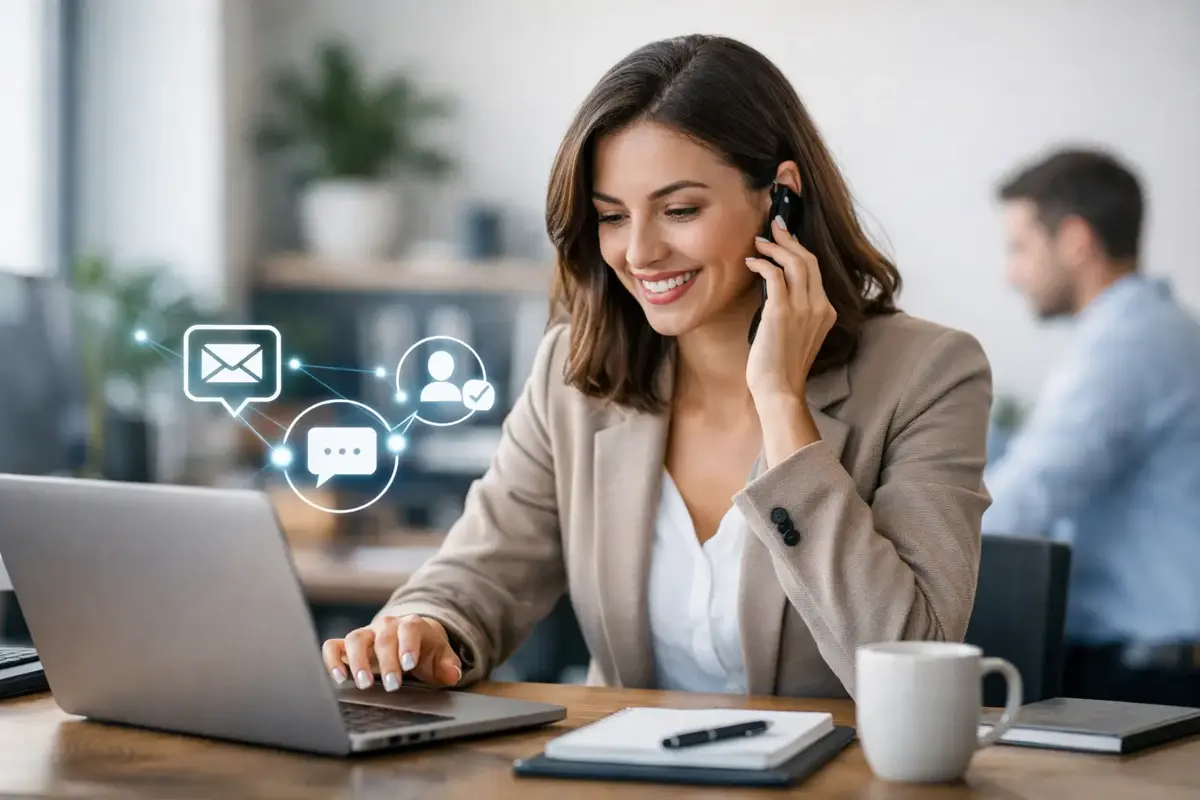 A small-business owner smiling while replying to a new lead on a phone and laptop, with email, chat, and contact icons floating nearby.