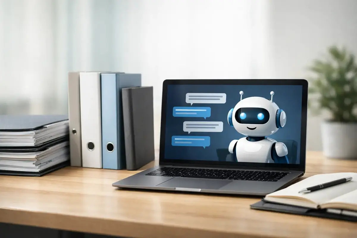 Golden-hour workspace scene showing a laptop with a chatbot interface, notebook with customer questions, and organized knowledge base documents, representing structured AI automation for small business customer service.