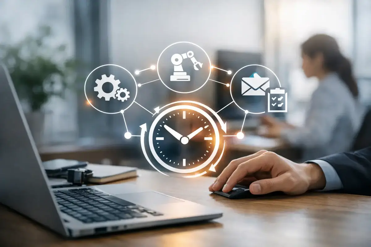 Golden-hour scene of a Bay Area small business owner at a desk with a computer, looking satisfied as automated workflows handle customer inquiries and appointments in the background