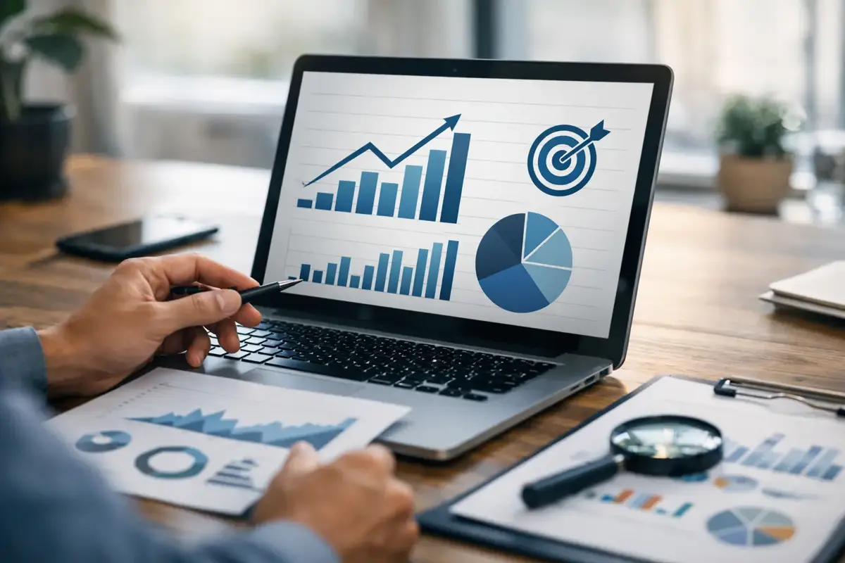 Golden-hour scene of a small business owner reviewing analytics on a laptop, with warm sunlight illuminating a clean desk and website conversion metrics displayed on screen.
