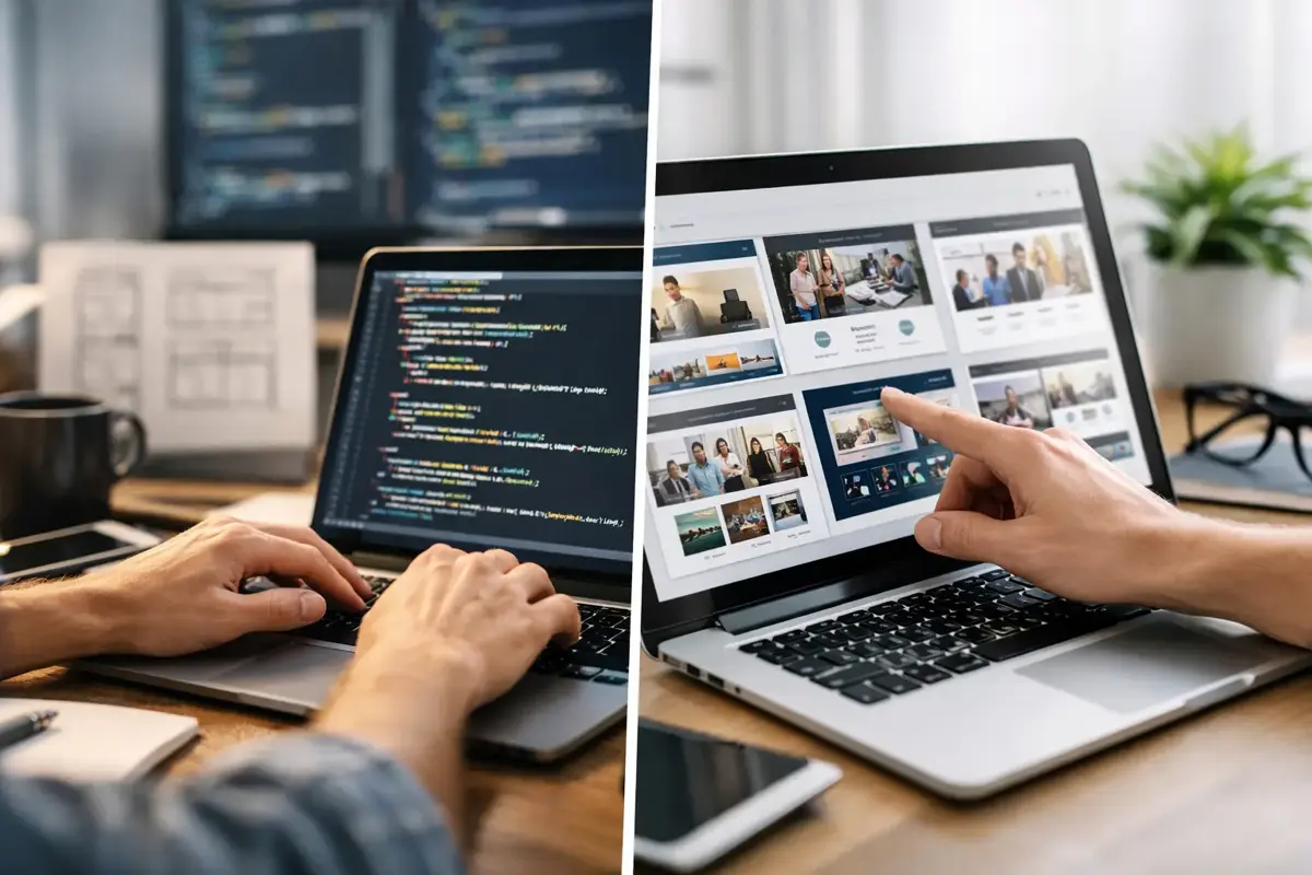 Golden-hour sunlight illuminates a modern laptop screen displaying a sleek, custom-built website interface with clear navigation and conversion-focused design elements.
