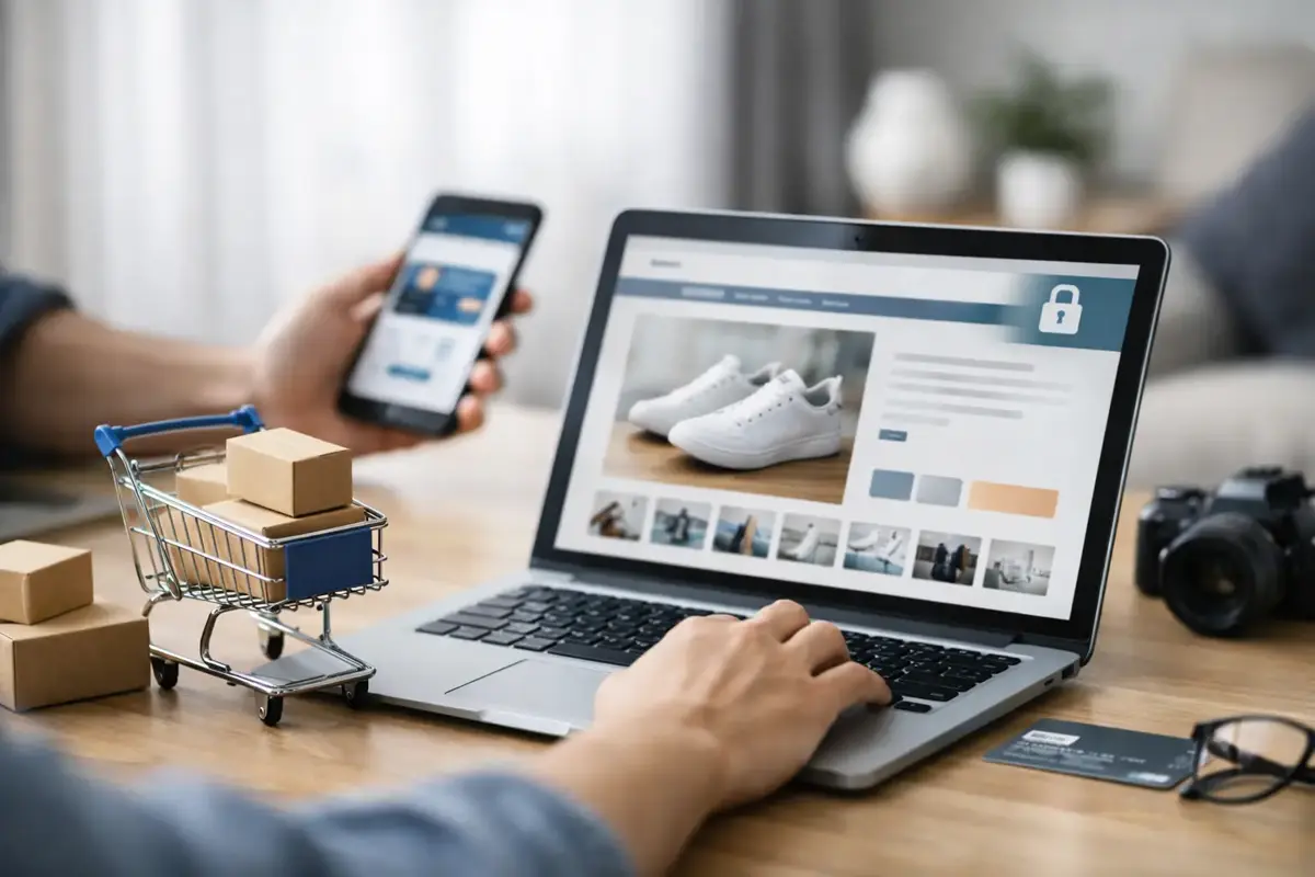 A serene golden-hour workspace showing a laptop displaying an ecommerce product page, with product photography, shipping details, and a clear checkout interface visible on the screen.