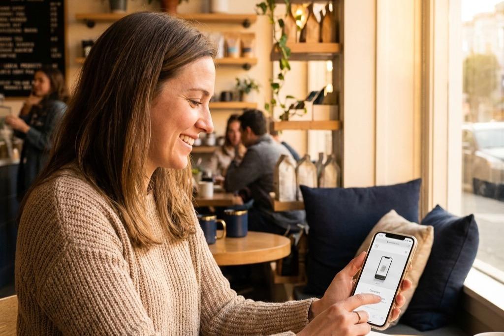 A woman in a caf&eacute; viewing a small-business website on her phone.