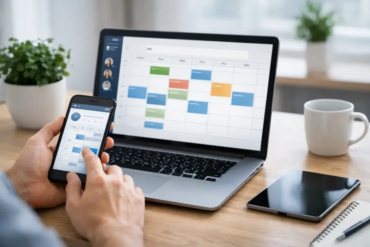 Golden-hour view of a Bay Area small business owner at their desk, calendar and booking system visible on computer screen, representing the flow of customer appointments and scheduling automation.