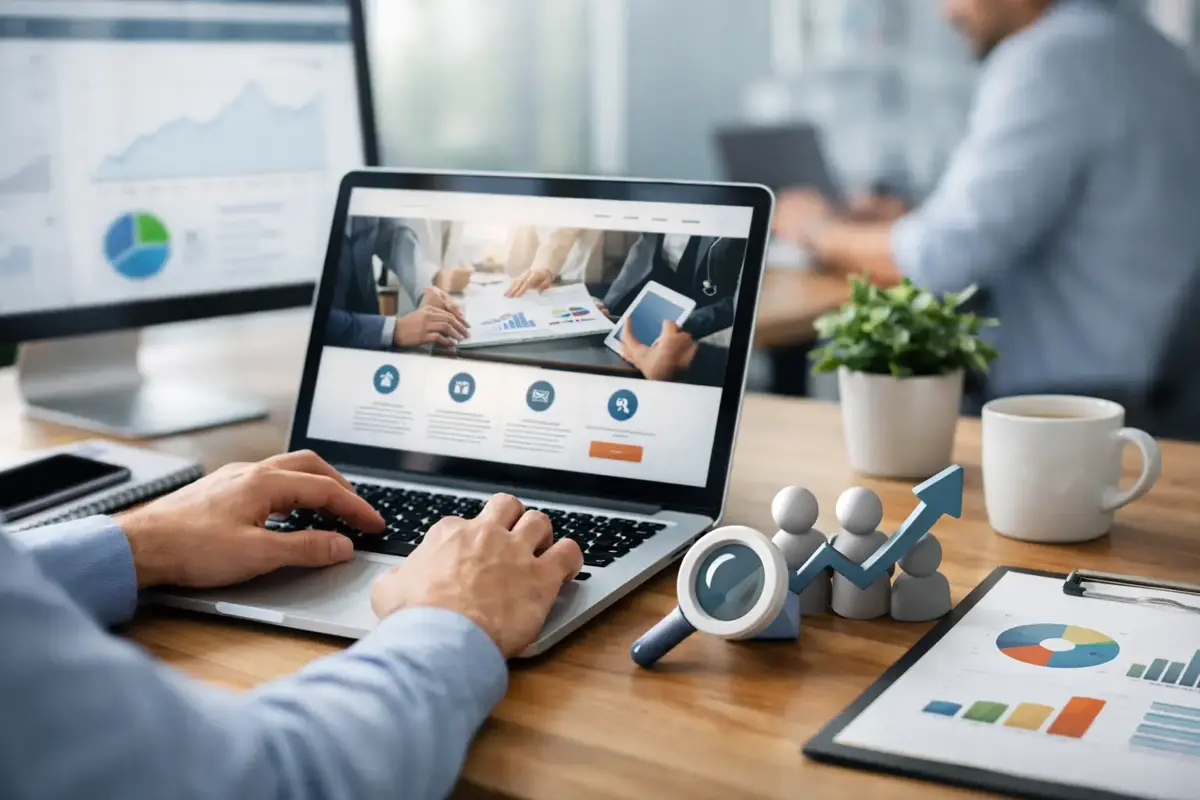 Golden-hour lighting on a modern laptop displaying a clean, mobile-responsive website interface with clear call-to-action buttons and professional layout
