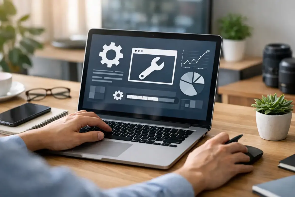 Golden-hour view of a small business owner reviewing website performance metrics on a laptop, symbolizing the ongoing attention required to keep a business website secure and performing.