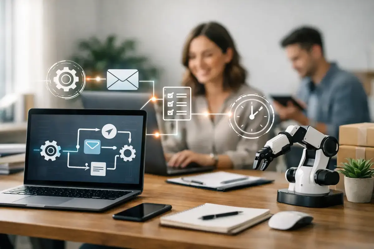 Golden-hour lighting on a small business owner reviewing workflow automation on a laptop, with organized calendar and customer data visible on screen