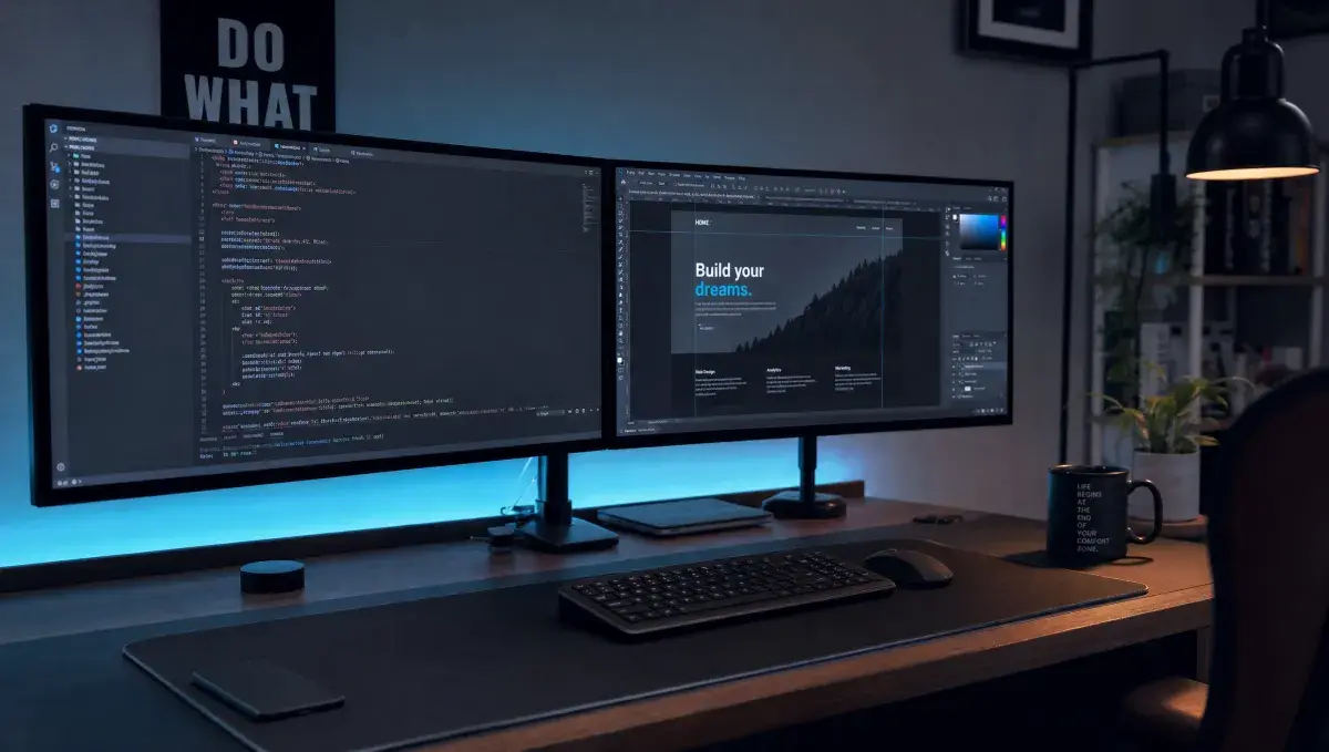 Stack Studios web design workspace with laptop and planning notes