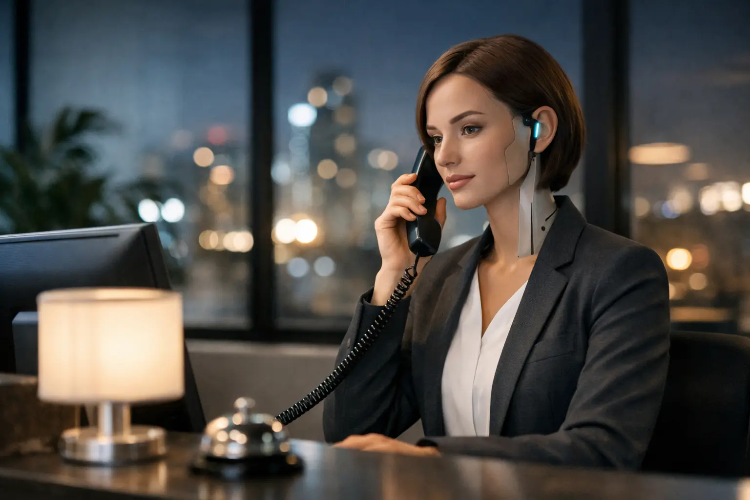 An AI-assisted receptionist answering an after-hours phone call at an office desk with a night city skyline behind her.
