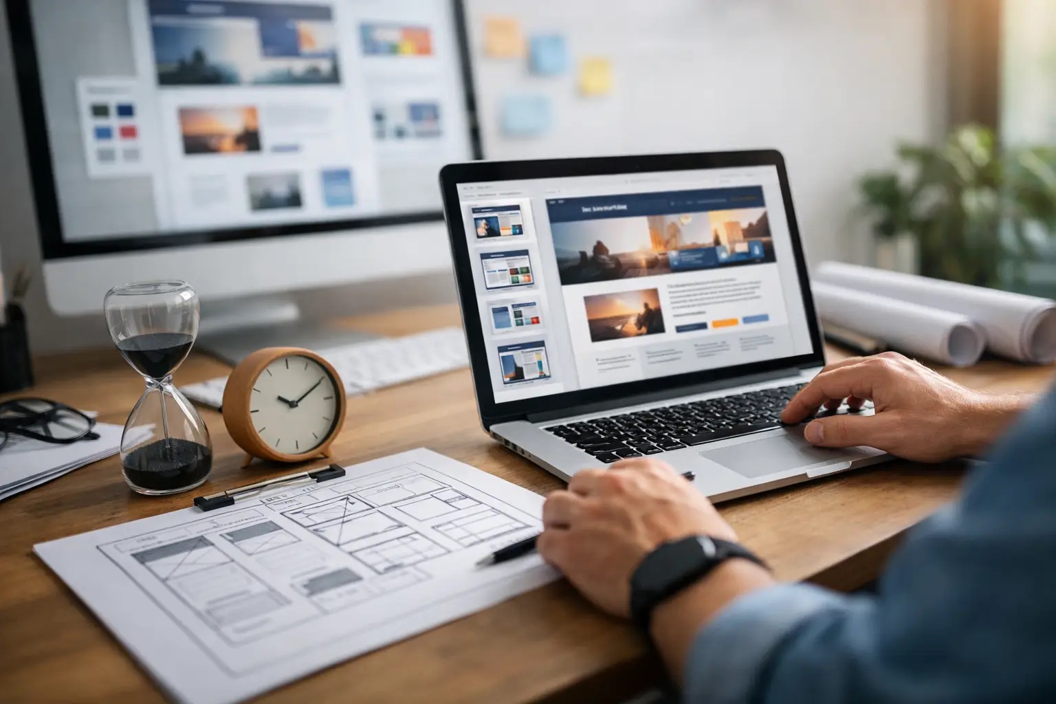 A designer reviewing a website layout on a laptop beside an hourglass, a clock, and wireframe sketches.
